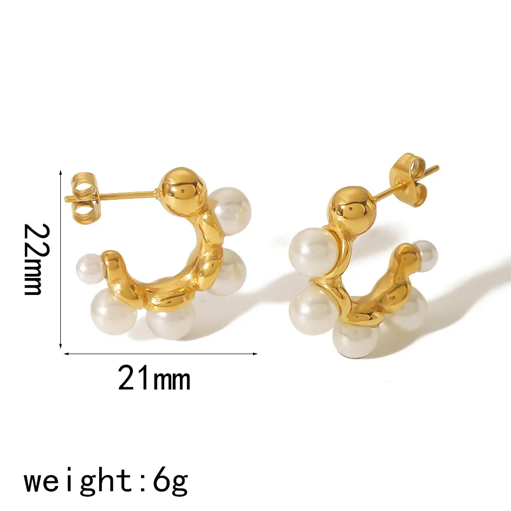 1 Pair Retro Classic Style C Shape Stainless Steel 18K Gold Plated Inlay Artificial Pearls Women's Stud Earrings h5 Picture2